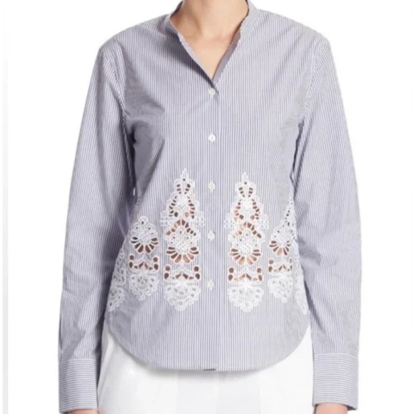 Theory Women's Shirt M Weylend Eb Ashland Stripe Embroidered White GRAY Cotton - Picture 1 of 11